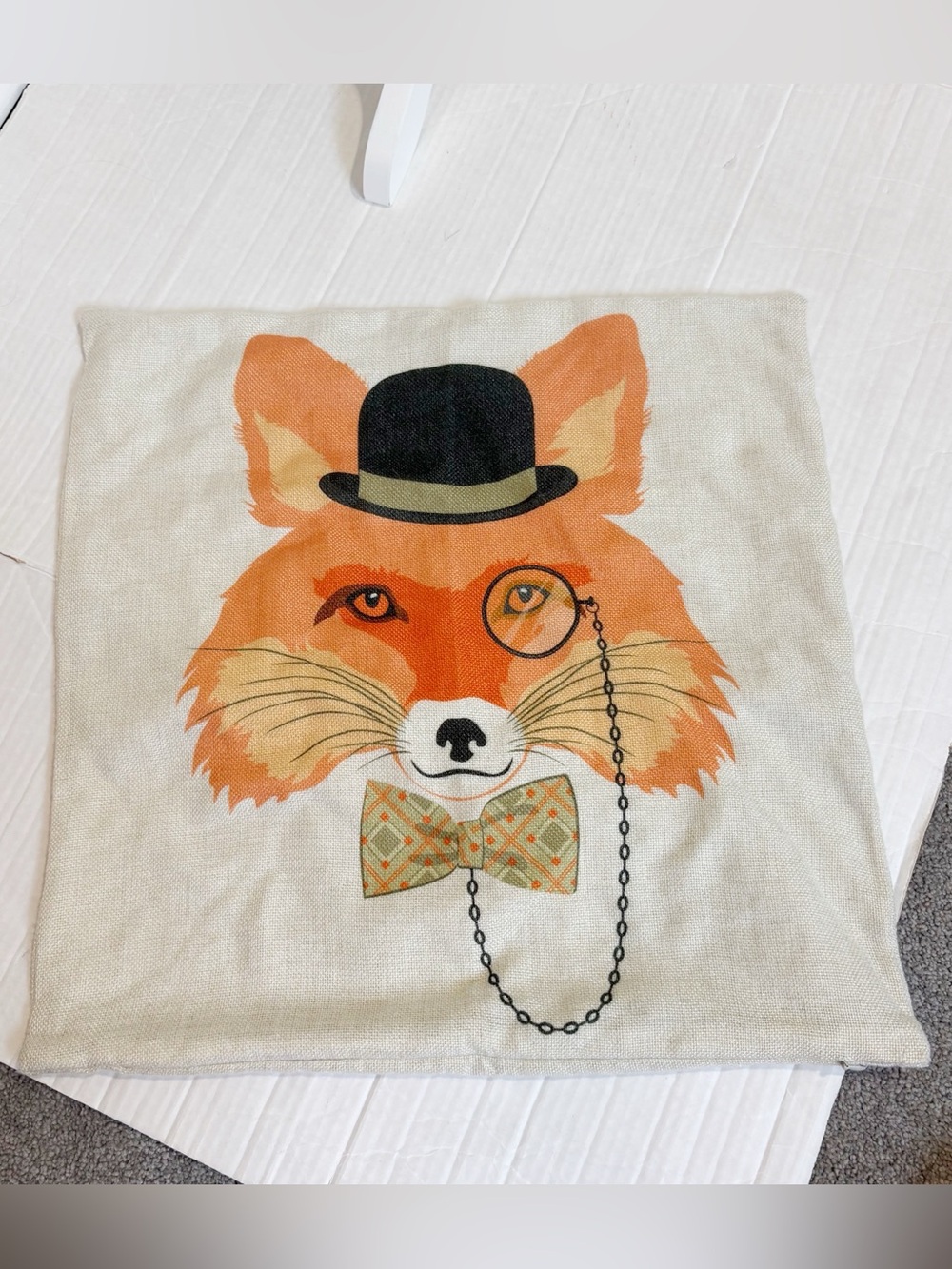 Whimsical Dapper Mr. Fox Throw Pillow Case Top Hat Bow Tie Monocle 16.5” Square - Picture 2 of 10